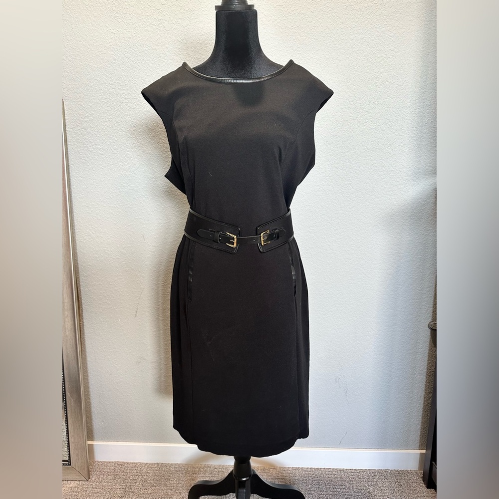 Calvin Klein belted dress with faux leather accents